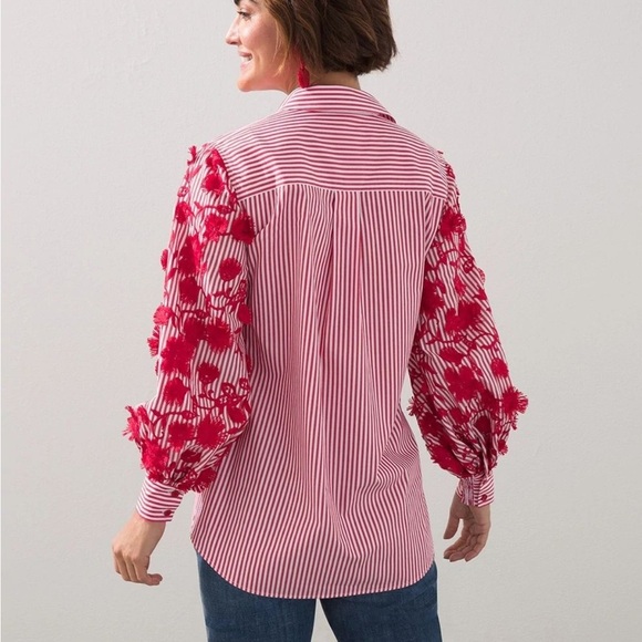 Chico’s Red Striped Floral Sleeve Women's Top - Picture 2 of 2